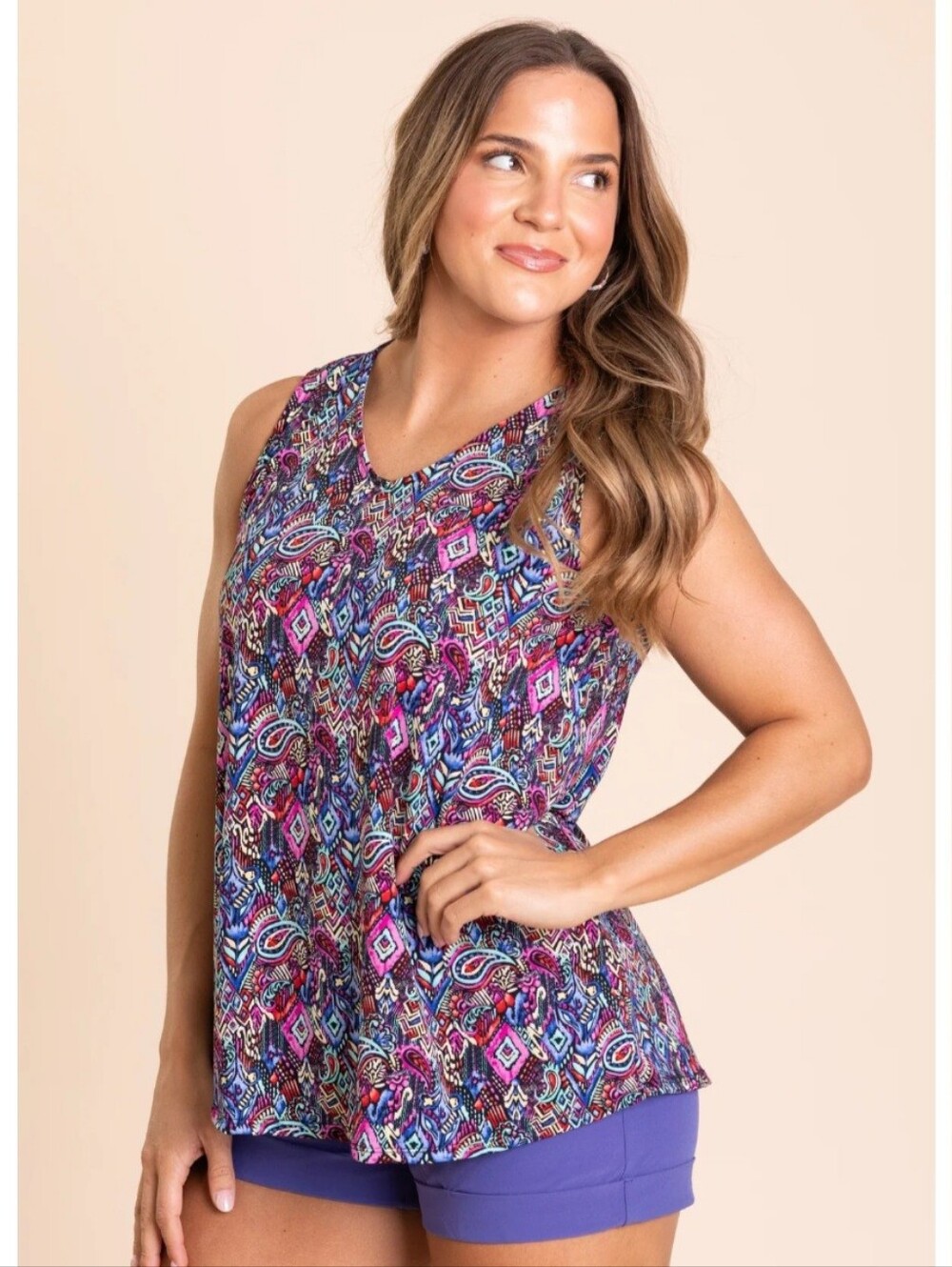V-Neck Multicolor Printed Tank Top in Purple Mix